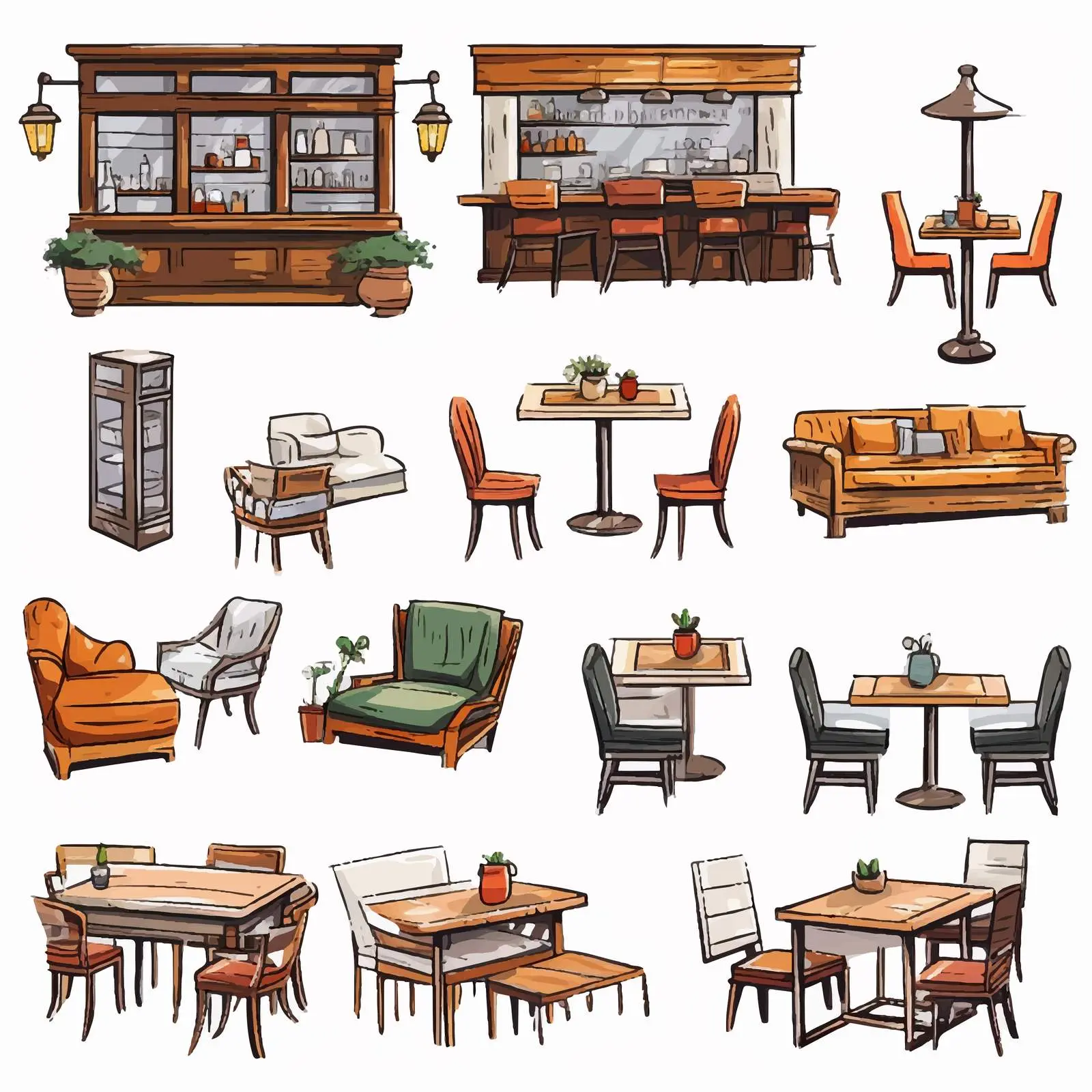 Colorful Restaurant and Bistro Interior Sketches — free download from Dotvec