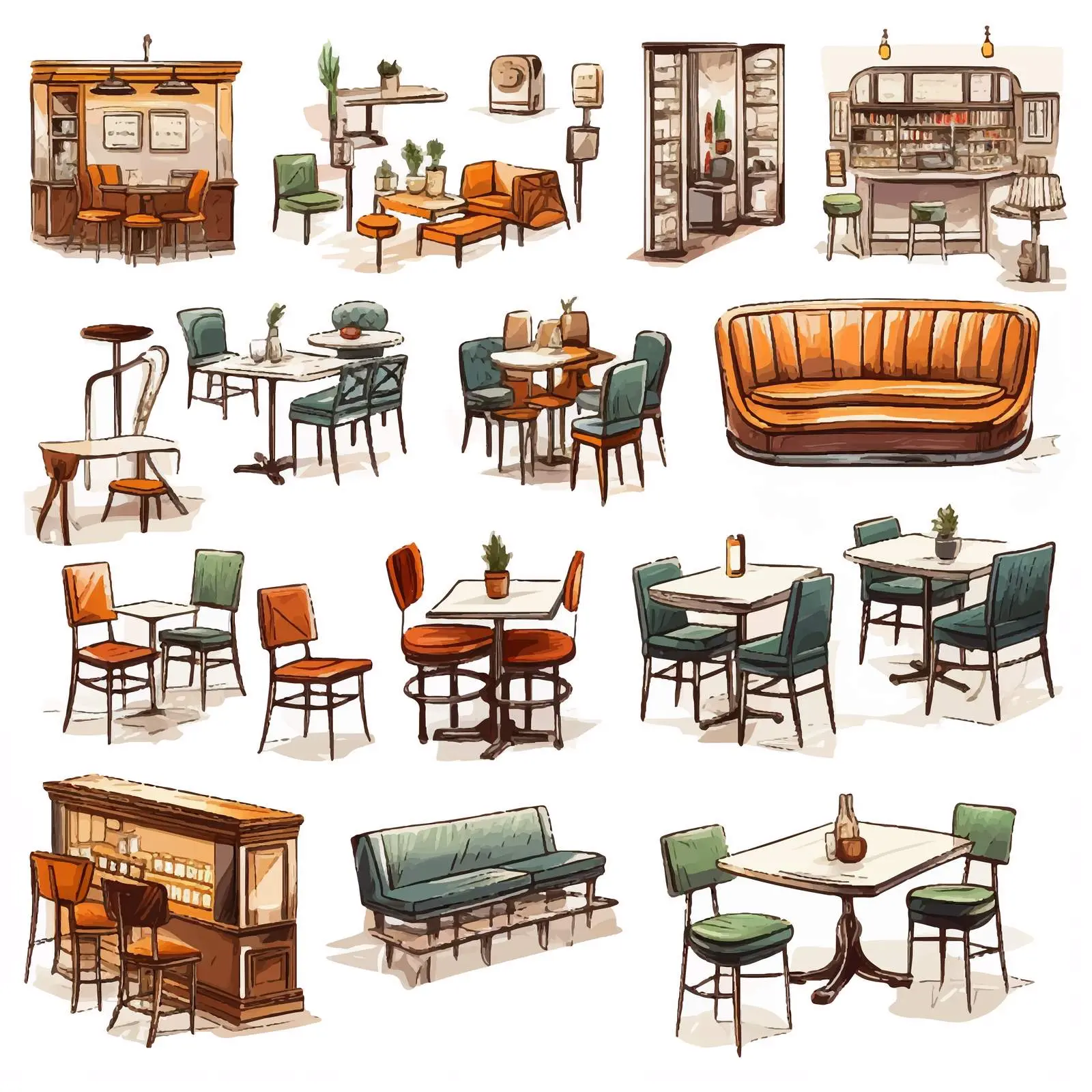 Colorful Restaurant Interior Sketches Collection – free colorful drawings image from Dotvec