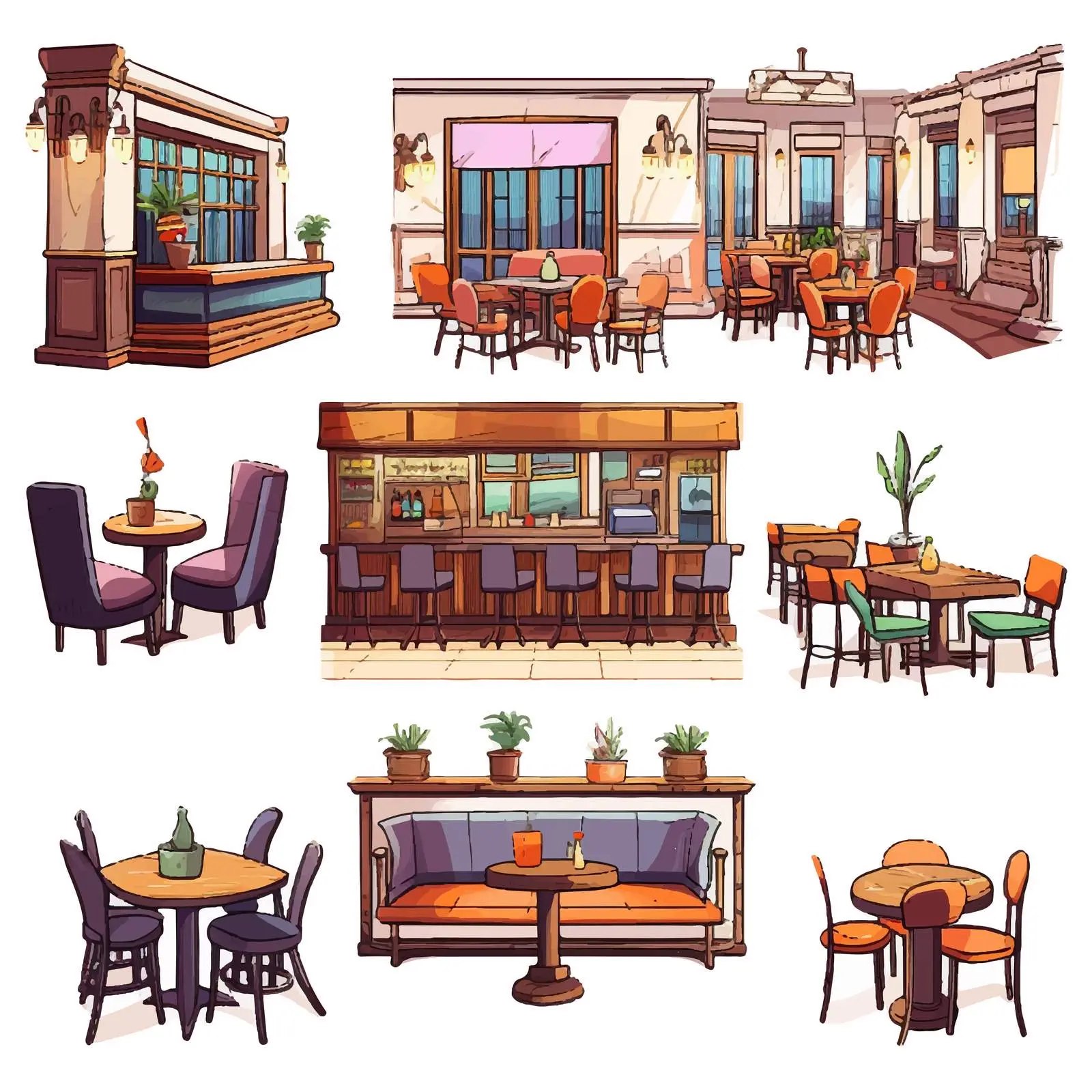 Colorful Restaurant and Bistro Interior Sketches — free download from Dotvec