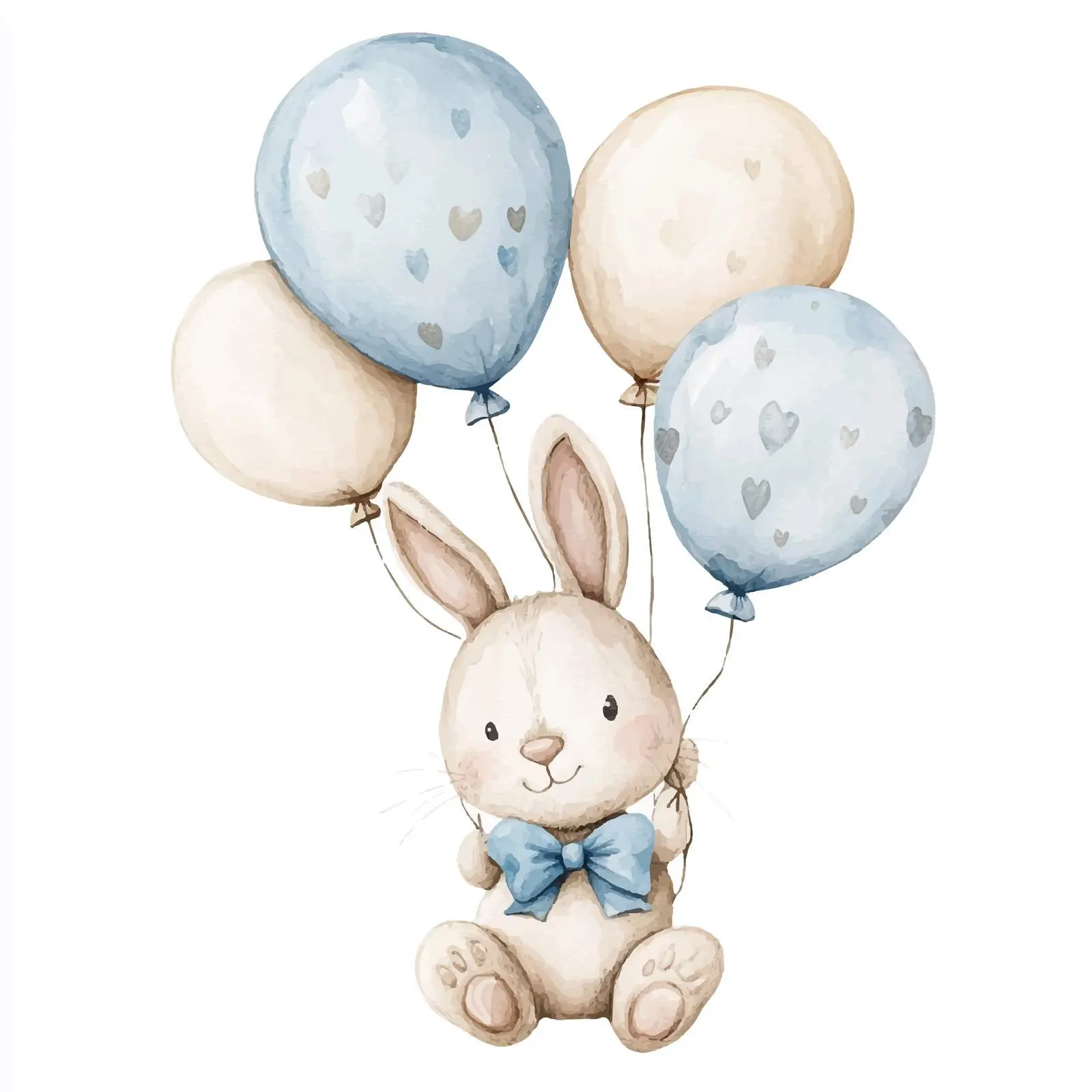 Bunny with Blue and Beige Balloons Watercolor Clipart – free childrens art image from Dotvec