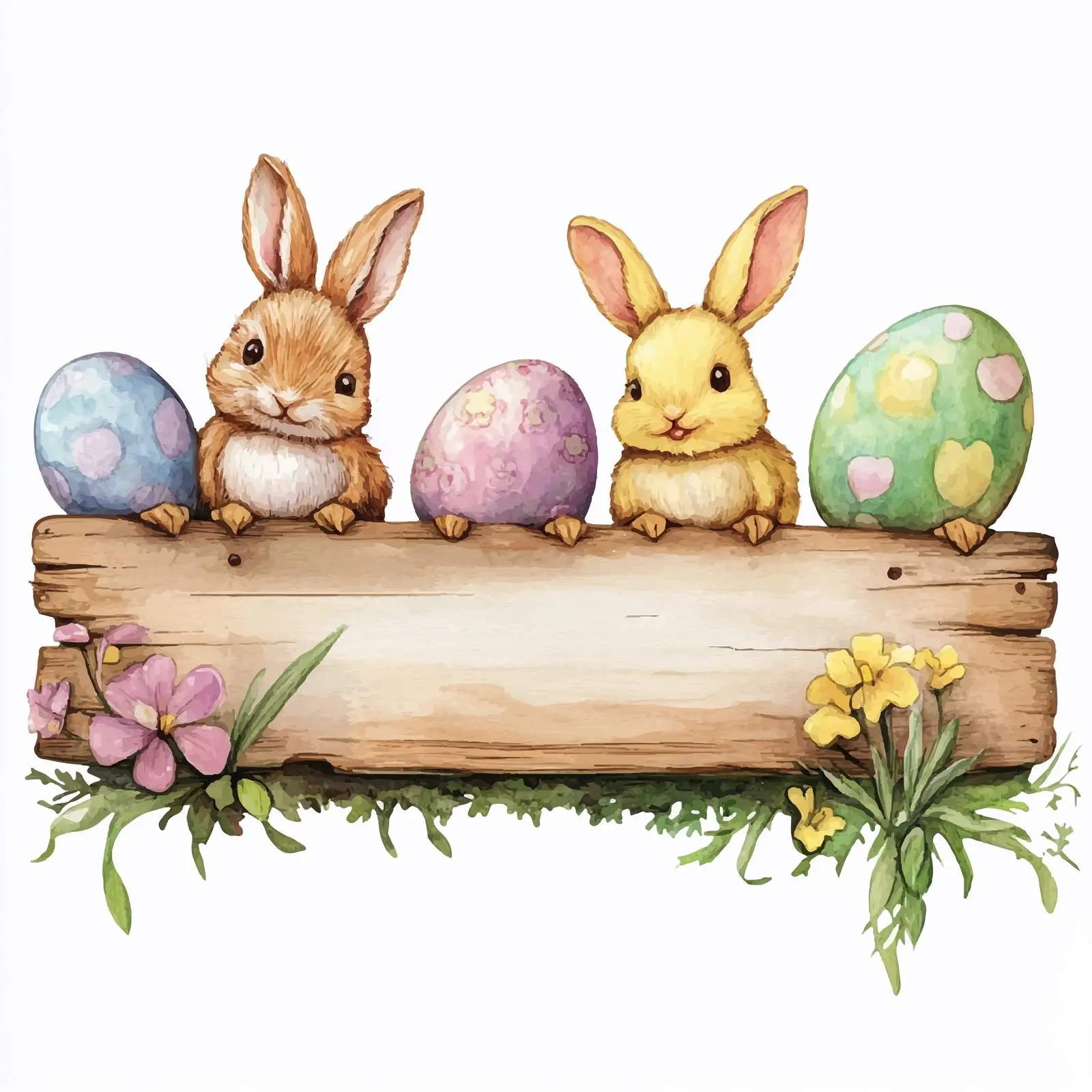 Easter Bunny Chick Watercolor Clipart with Eggs — free download from Dotvec