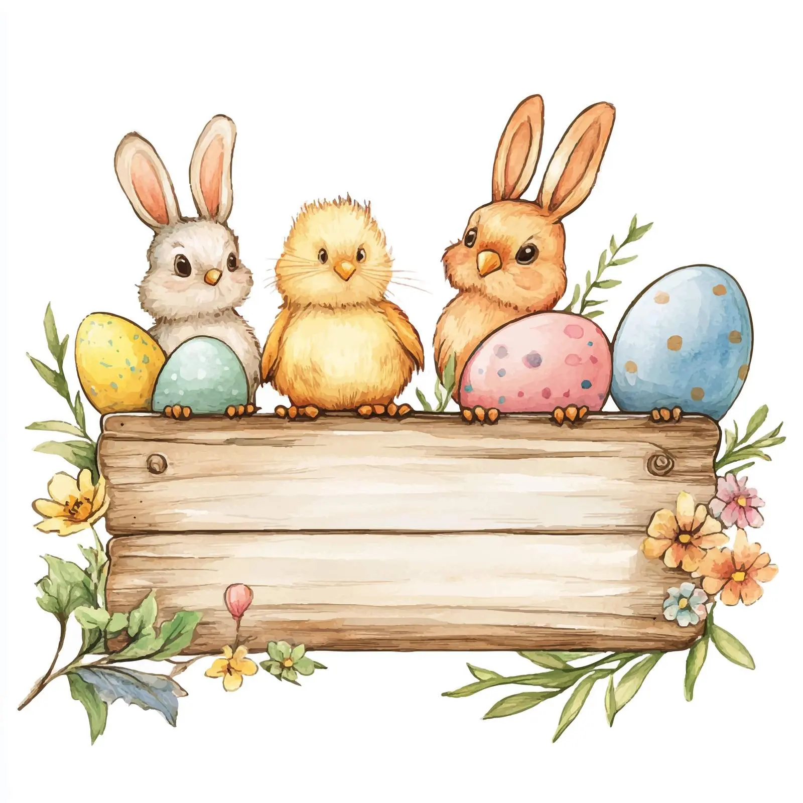 Easter Bunny Chick Watercolor Banner Clipart — free download from Dotvec