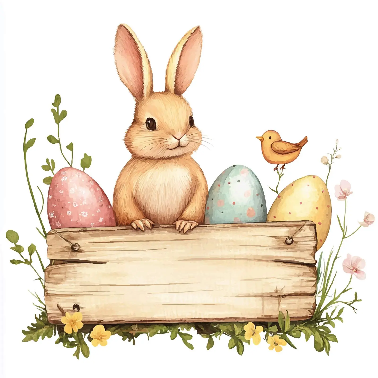 Easter Bunny Chick Wooden Banner Watercolor Clipart — free download from Dotvec