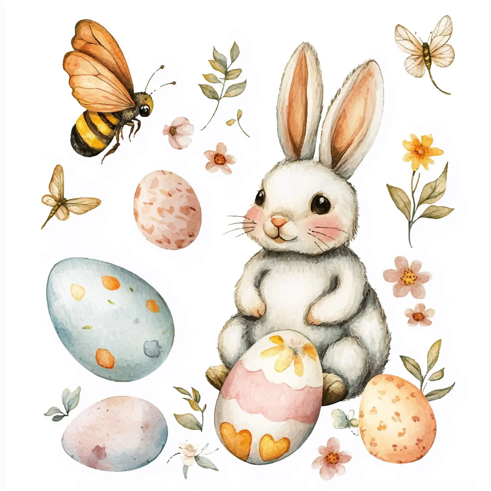 Watercolor Bunny with Easter Eggs and Butterflies — free download from Dotvec