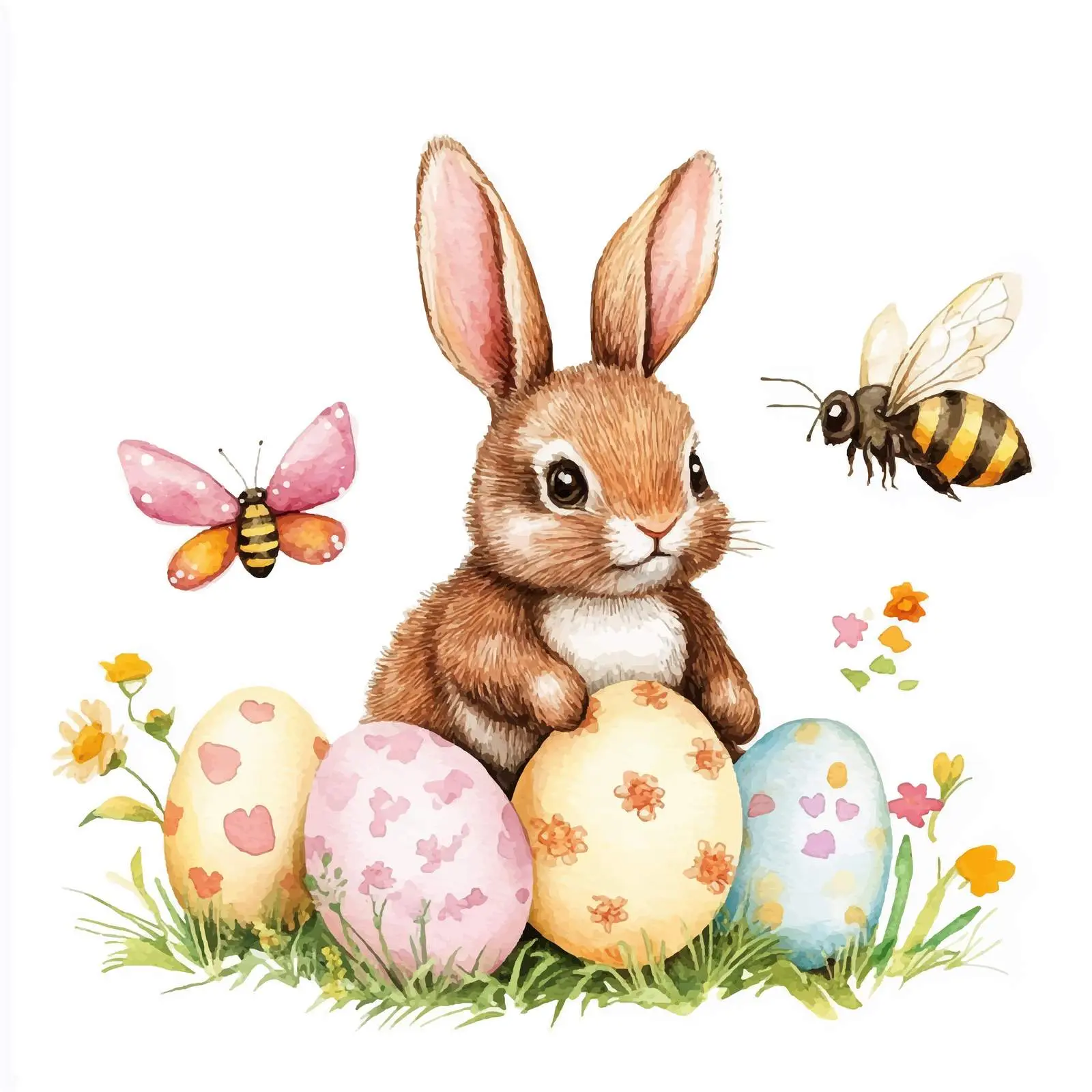 Watercolor Bunny with Easter Eggs and Butterflies — free download from Dotvec