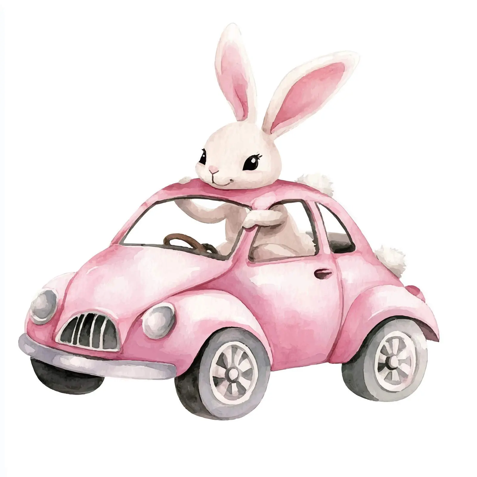 Bunny Riding a Pink Car Watercolor Illustration – free cartoon character image from Dotvec
