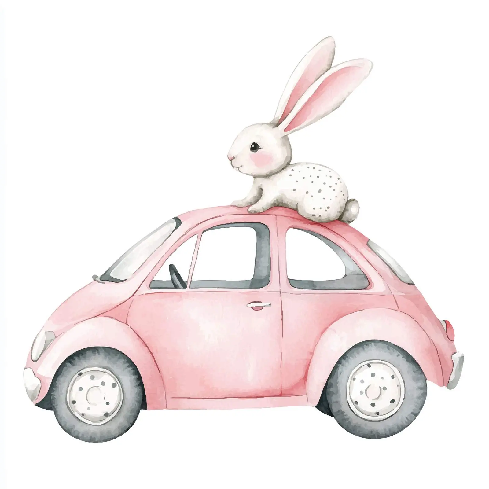 Bunny Riding Pink Car Watercolor Clipart – free childrens art image from Dotvec
