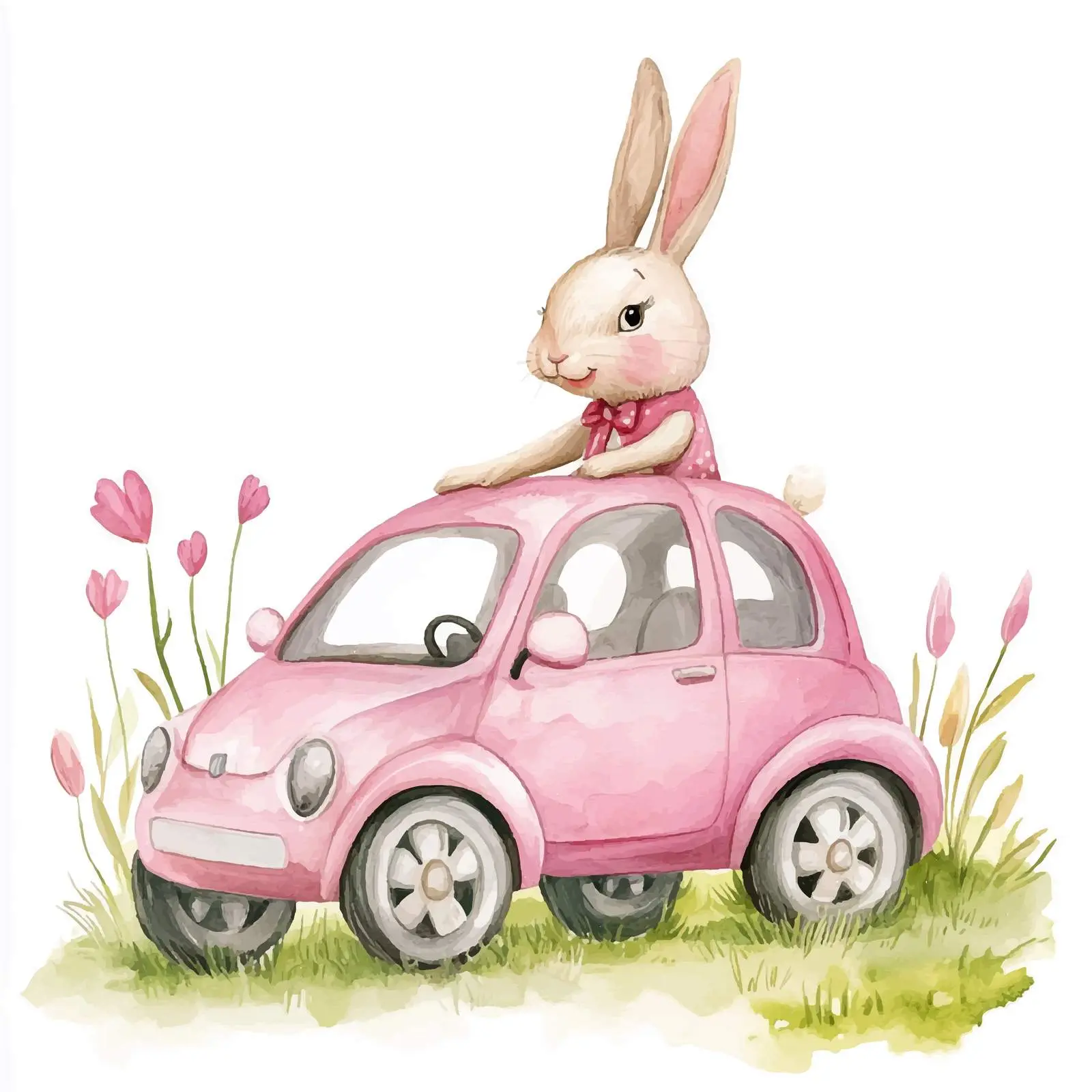 Bunny Riding Pink Car Watercolor Clipart — free download from Dotvec