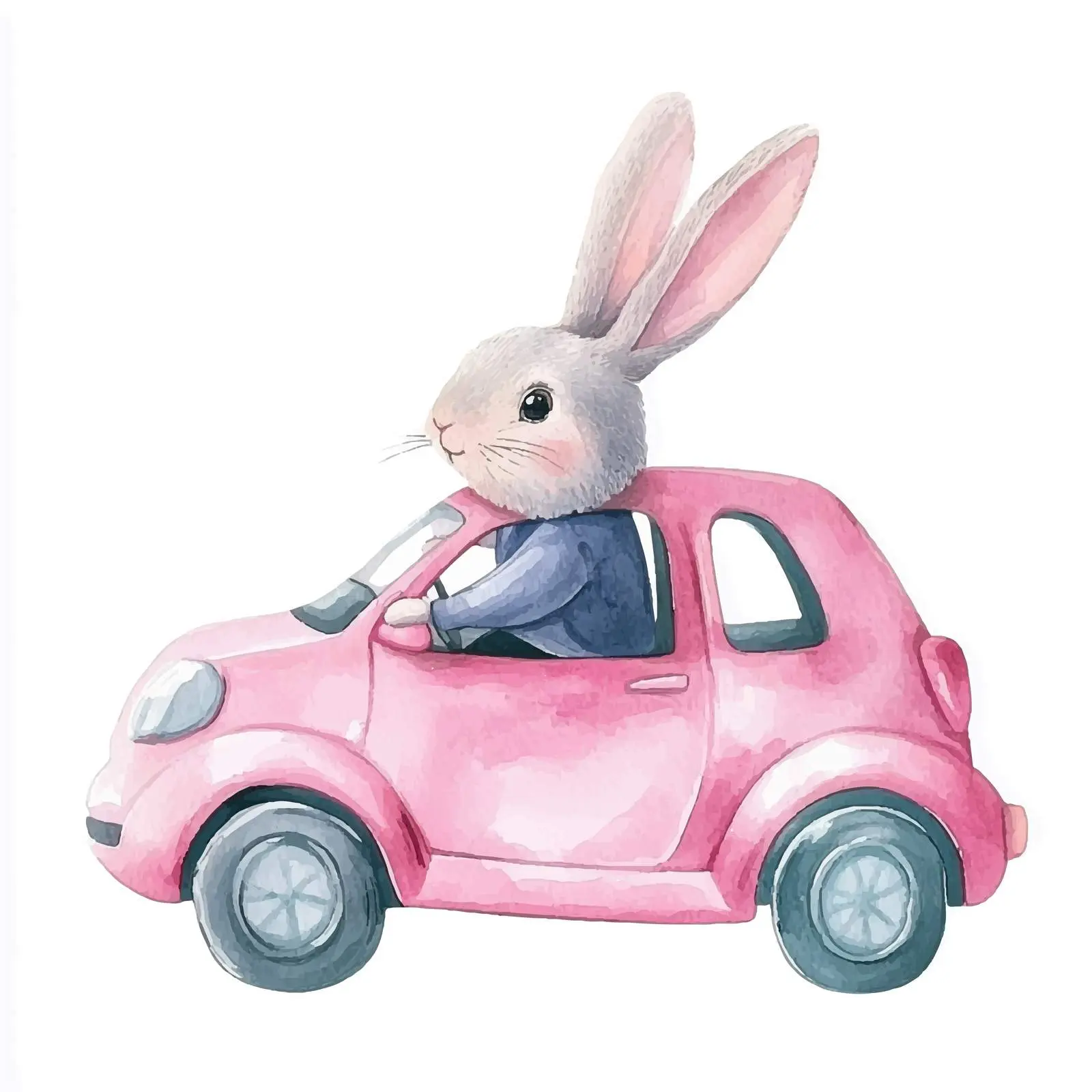 Cute Bunny in Pink Car Watercolor Clipart – free childrens art image from Dotvec