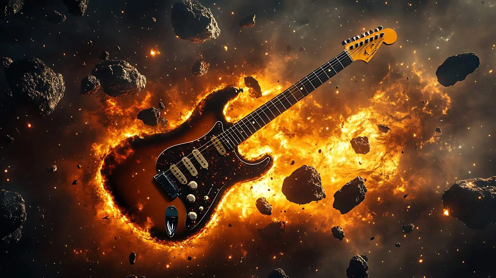 Flying Guitar in Space Among Meteorites – free fantasy image from Dotvec