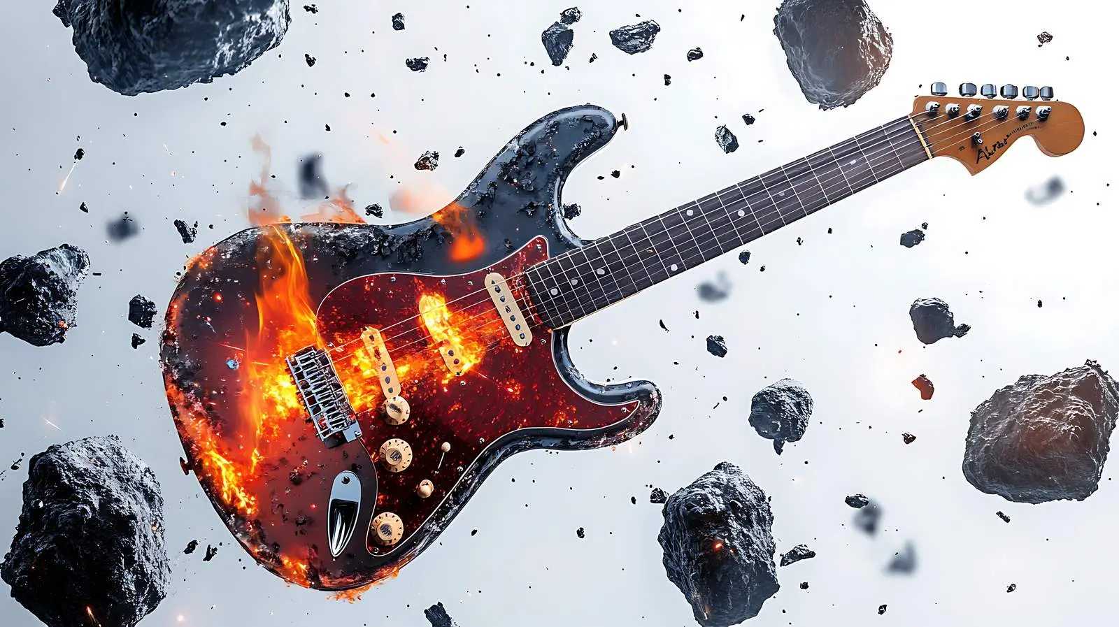 Guitar Flying in Space Among Meteorites – free fantasy image from Dotvec