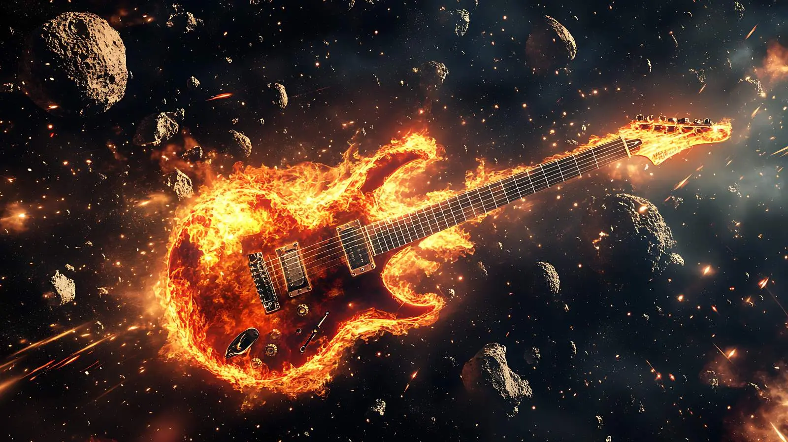 Flying Guitar Among Meteorites in Space – free fantasy image from Dotvec