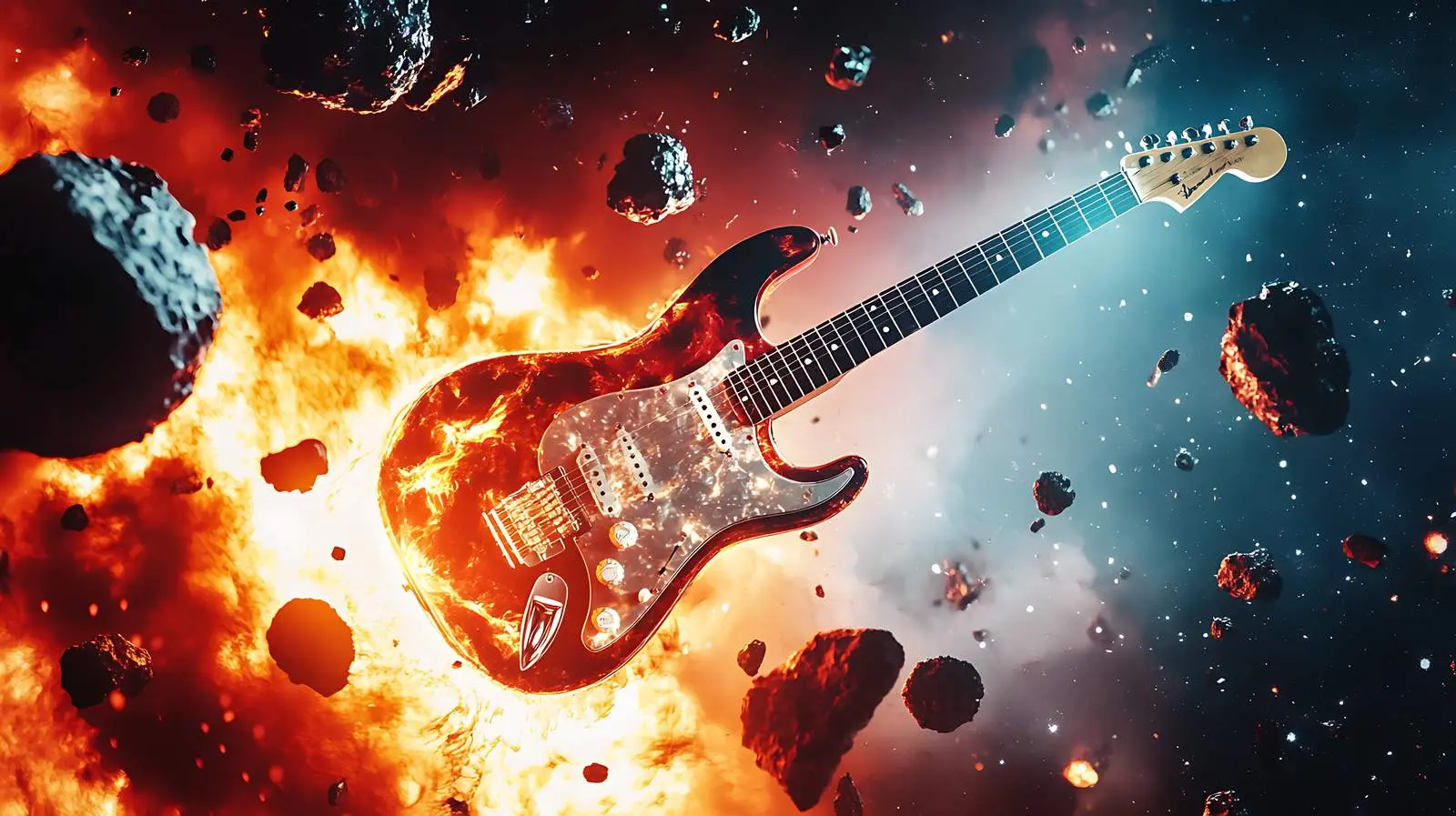 Flying Guitar in Space Among Meteorites – free fantasy image from Dotvec