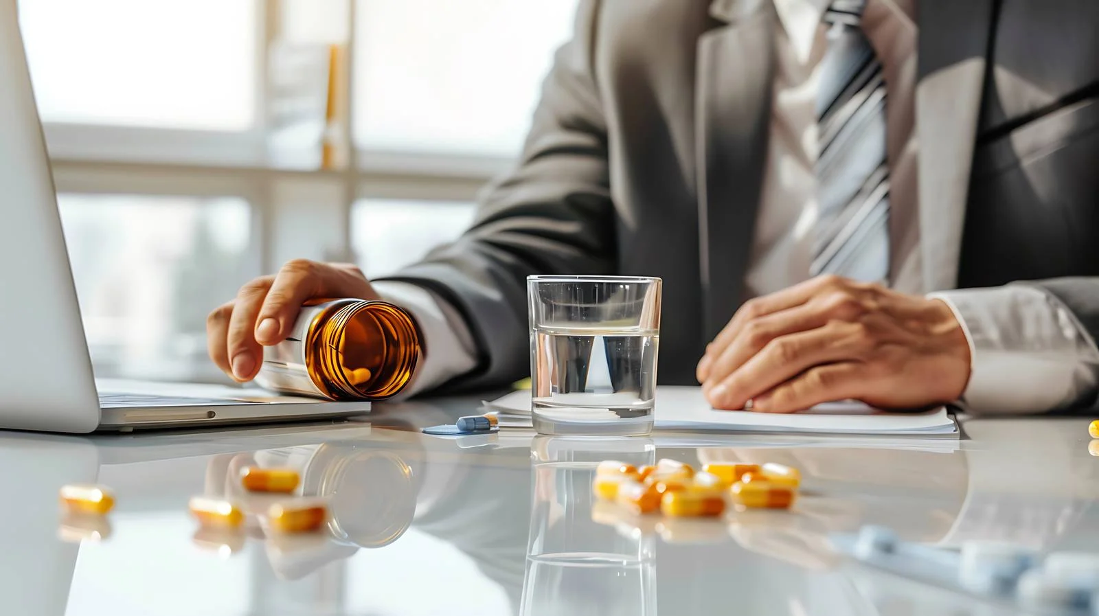 Businessman prepares medication and water glass — free download from Dotvec