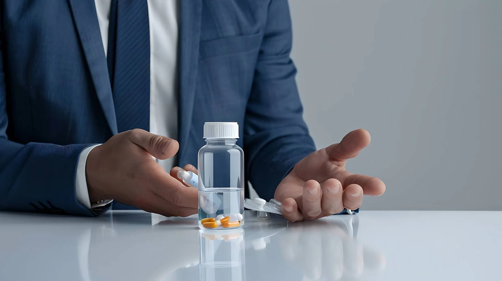 Businessman Displaying Bottle, Pills, Water Table — free download from Dotvec