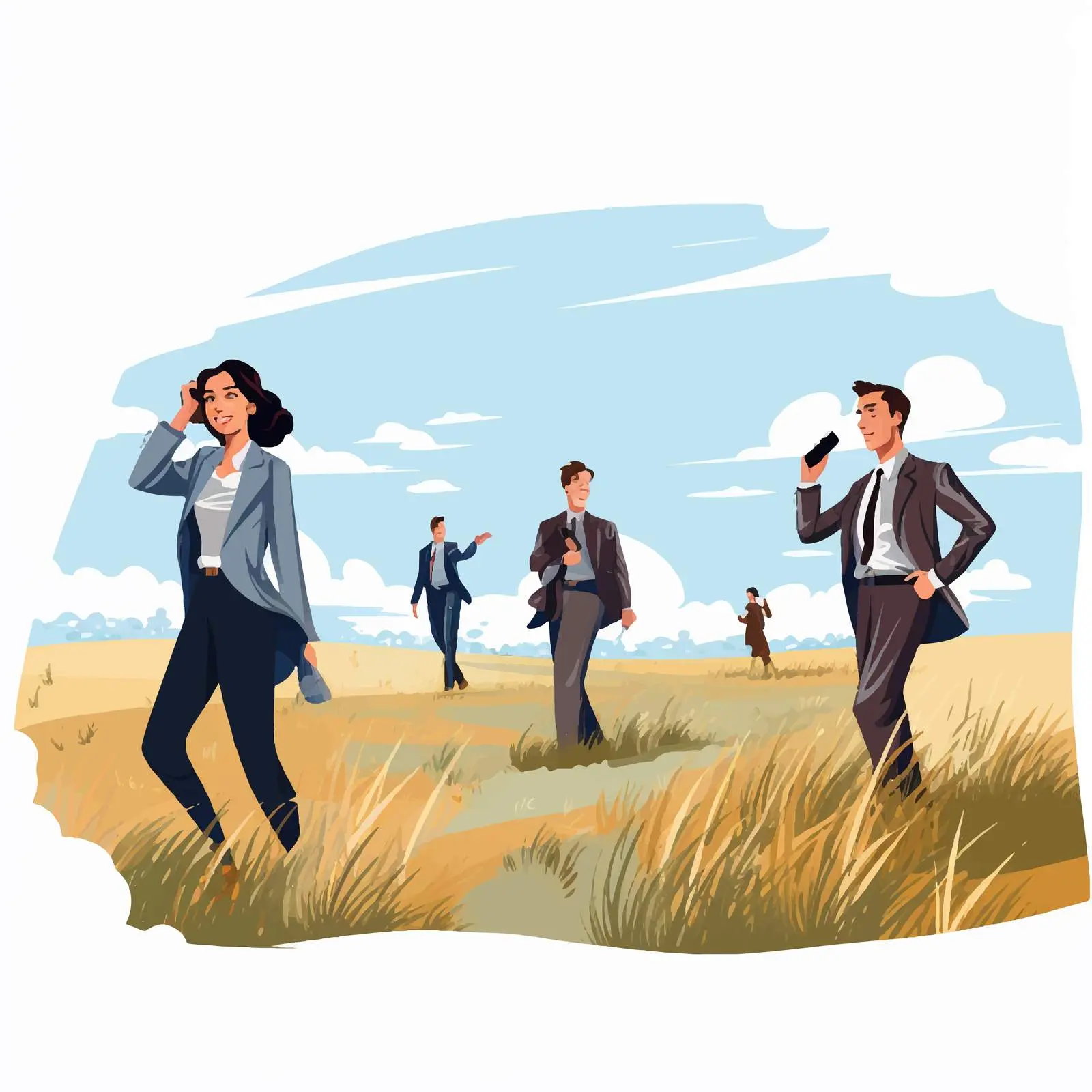 Business People Using Cell Phones in Field Illustration — free download from Dotvec