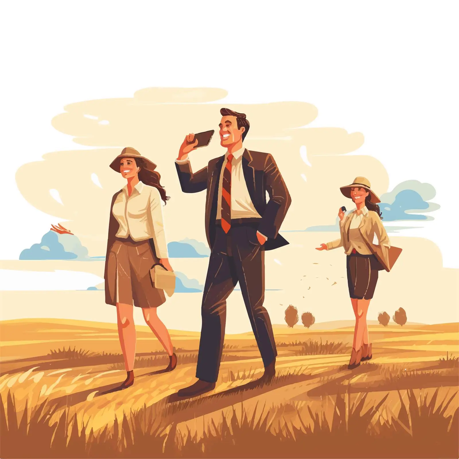 Business People Using Cellphones in Field Cartoon — free download from Dotvec