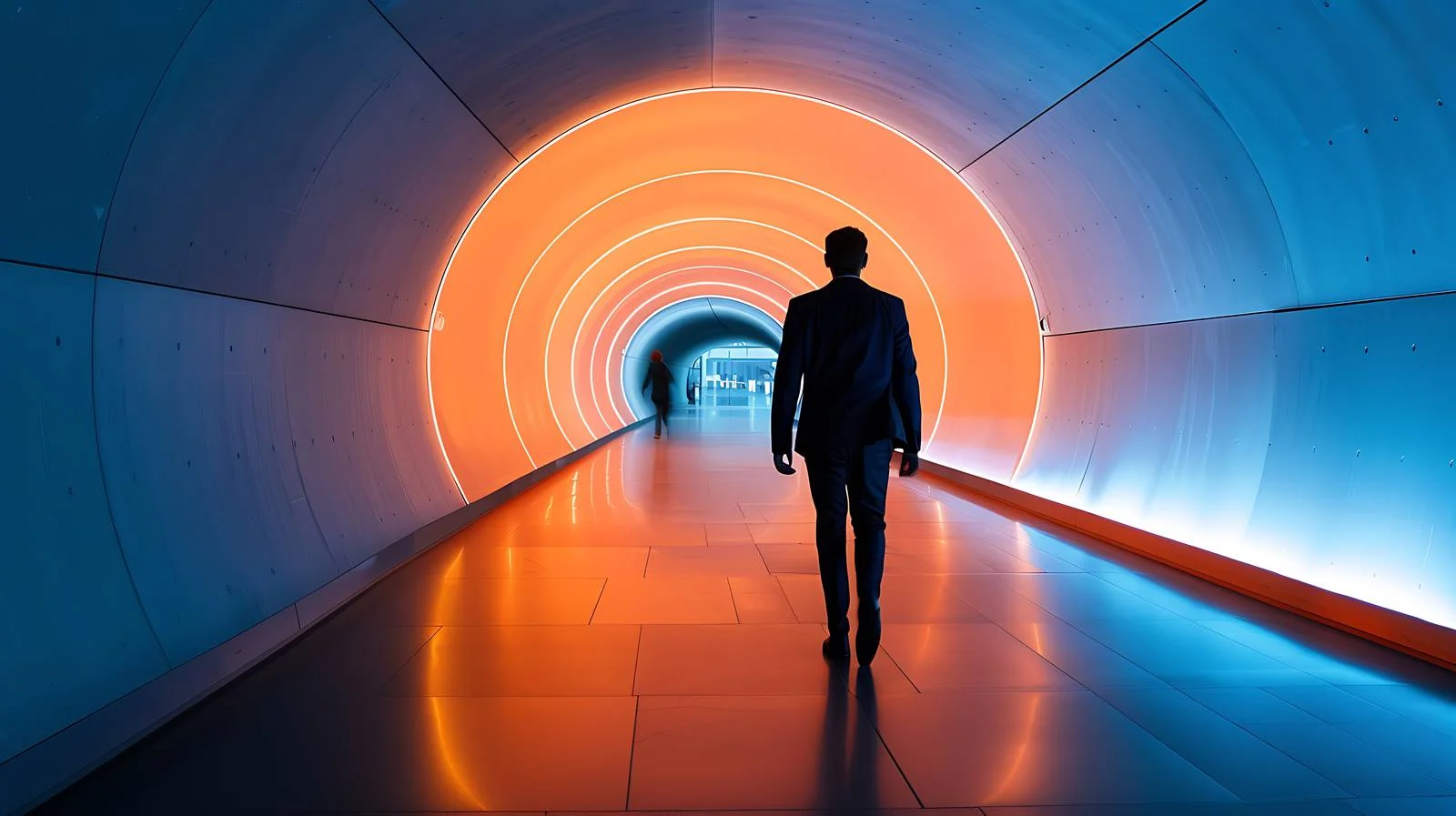 Corporate Professional Walking through Illuminated Passage — free download from Dotvec