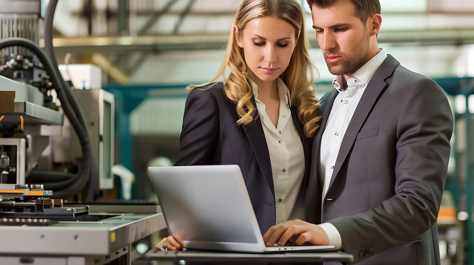 Corporate Team Working on Laptop in Factory — free download from Dotvec