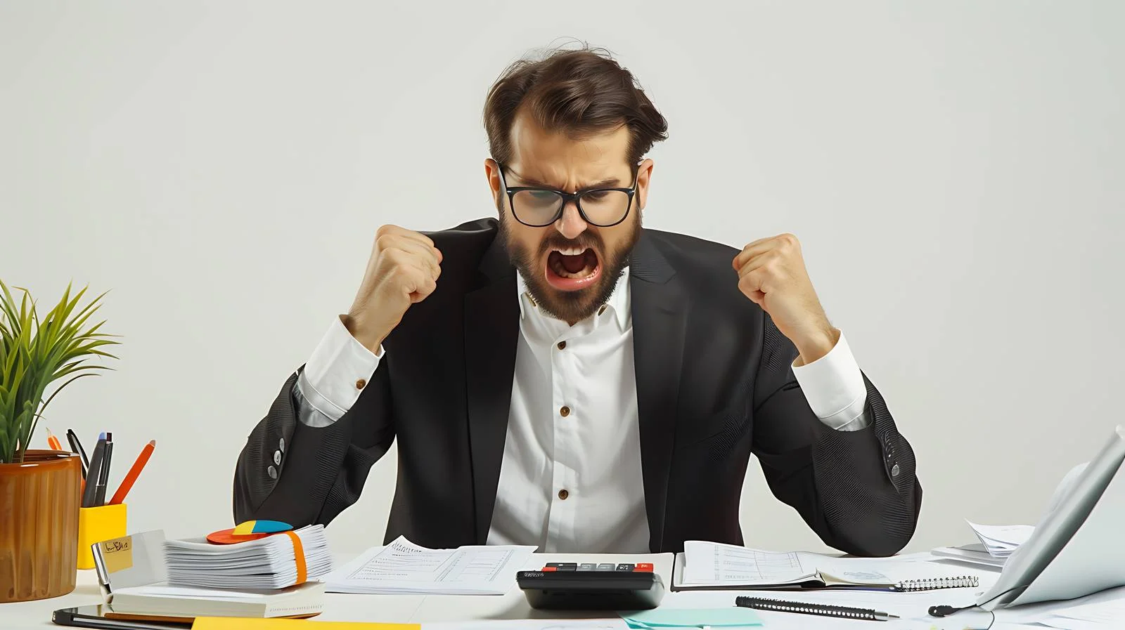 Frustrated Businessman Making Mistakes with Calculator — free download from Dotvec