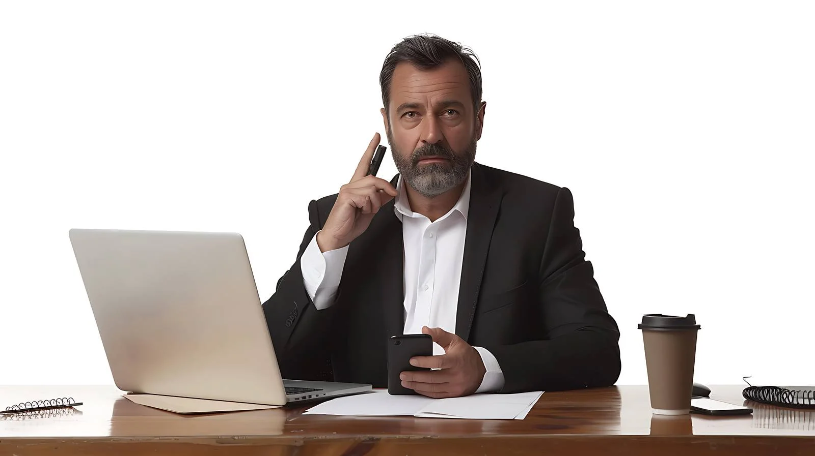 Professional Businessman Desk Laptop Phone Isolated — free download from Dotvec