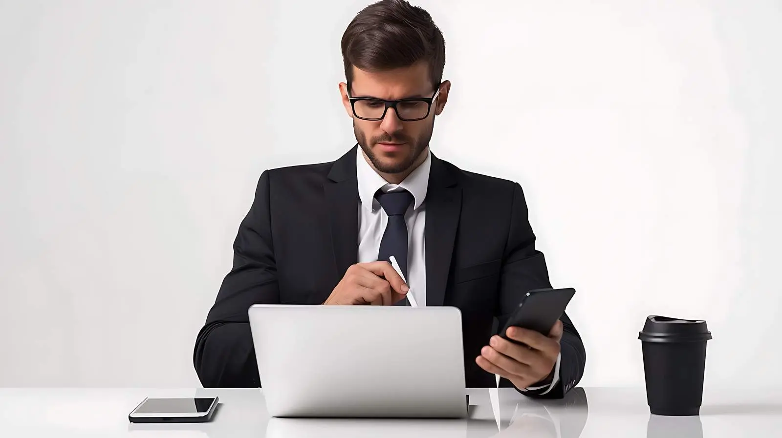 Businessman Using Smartphone and Laptop at Workplace — free download from Dotvec