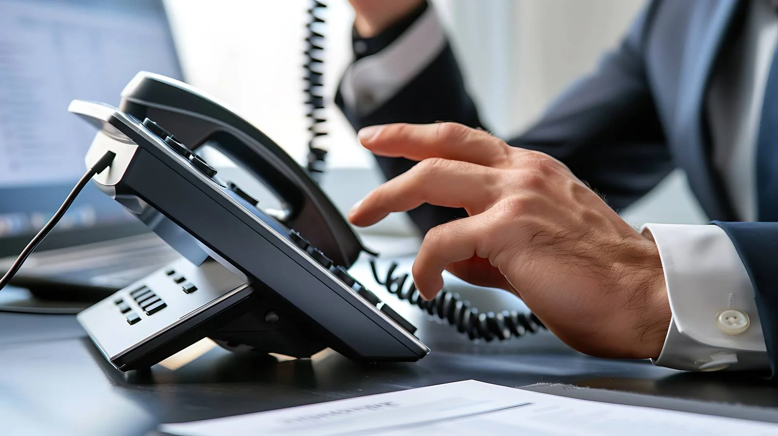 Businessman Dialing Desk Phone in Office — free download from Dotvec