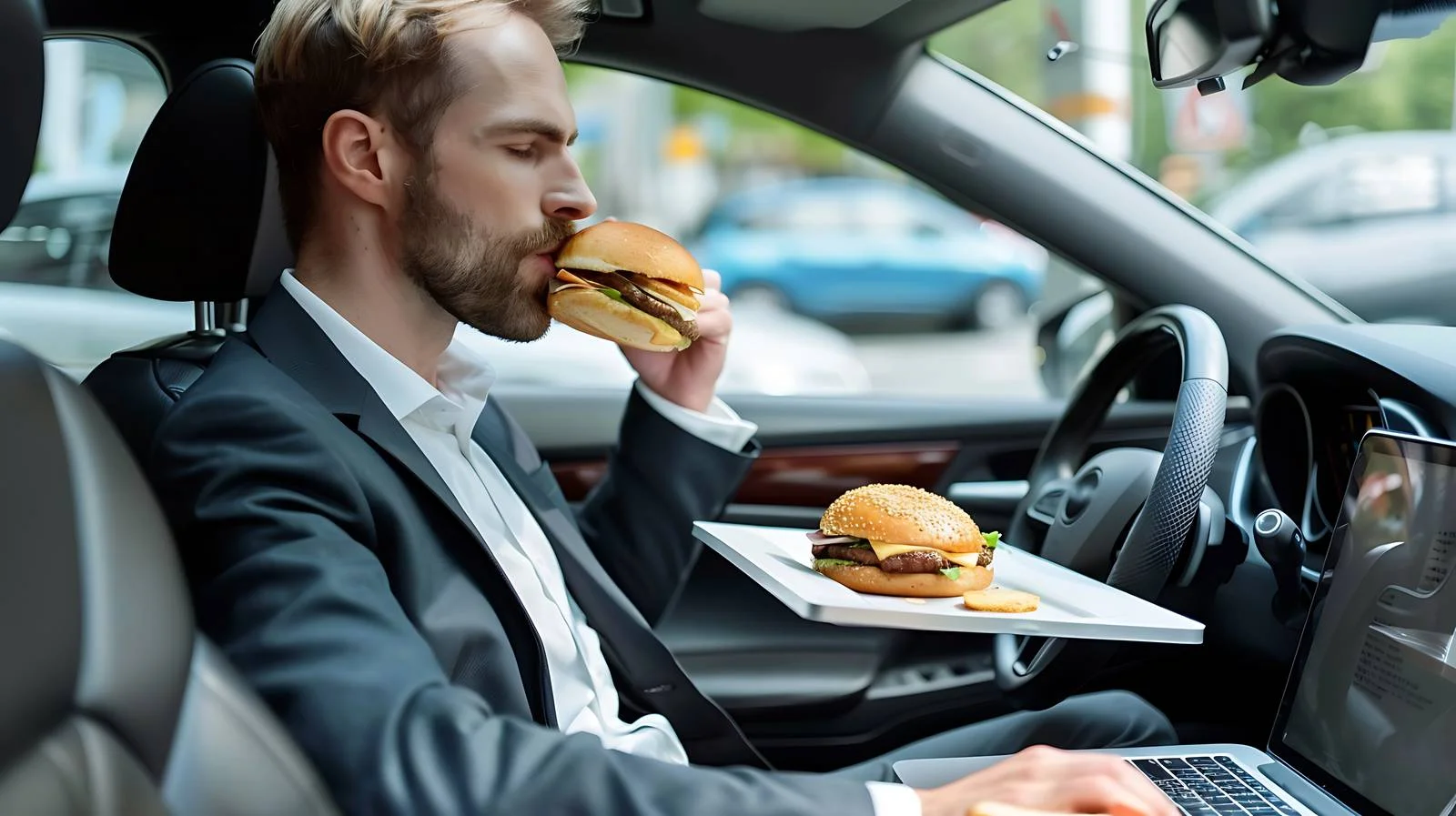 Multitasking Businessman with Laptop and Sandwich — free download from Dotvec