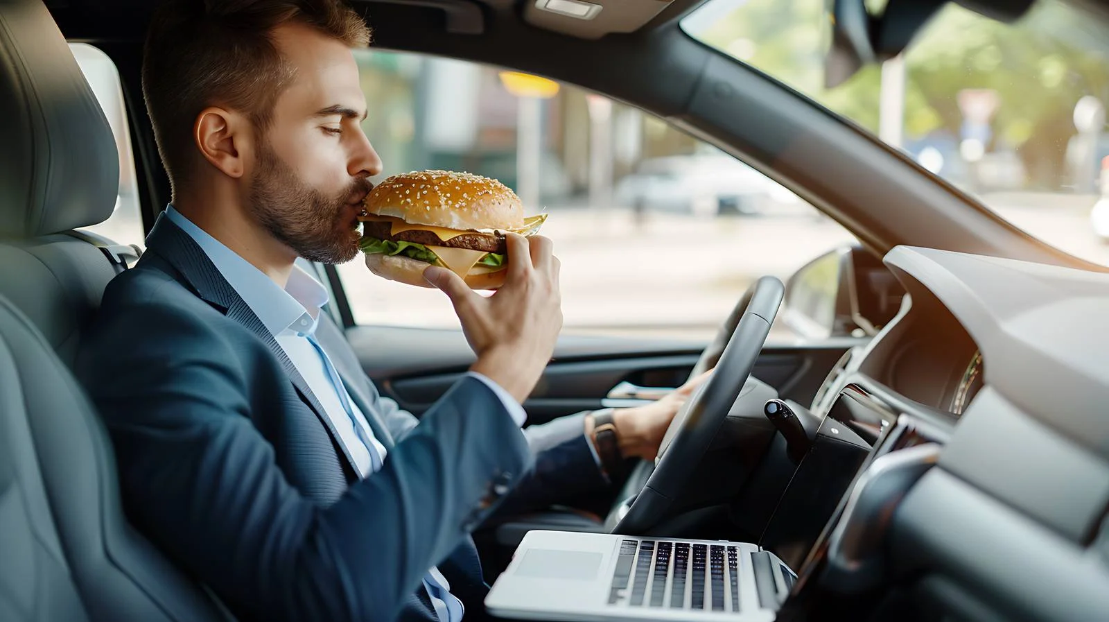 Multitasking Businessman with Laptop and Sandwich — free download from Dotvec