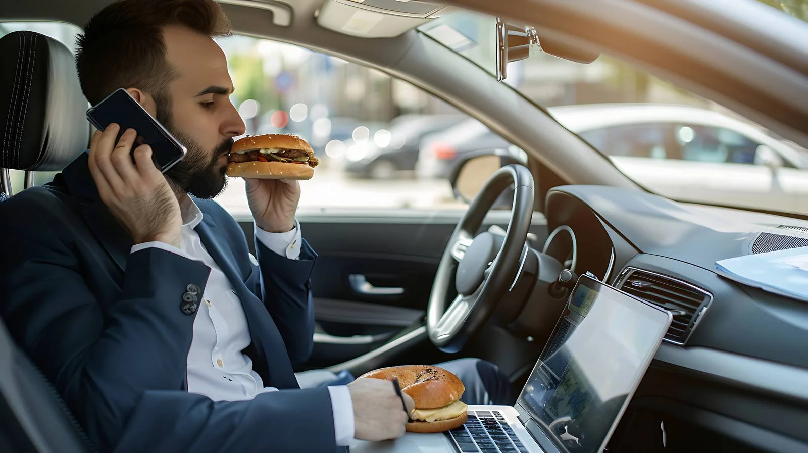 Businessman Multitasking with Laptop and Sandwich — free download from Dotvec