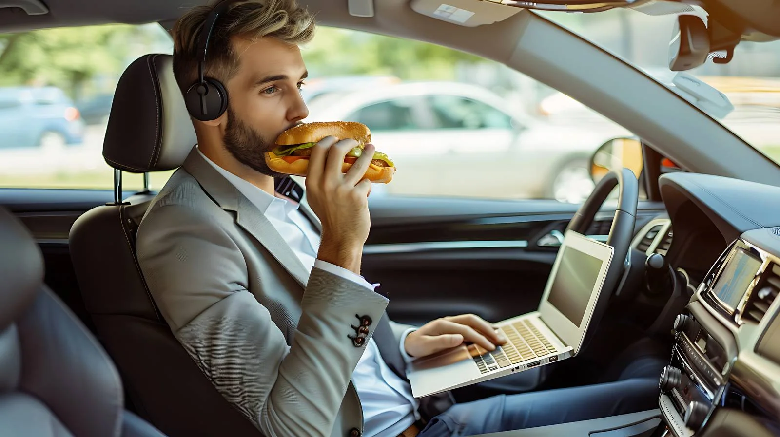 Multitasking Businessman with Laptop and Sandwich — free download from Dotvec