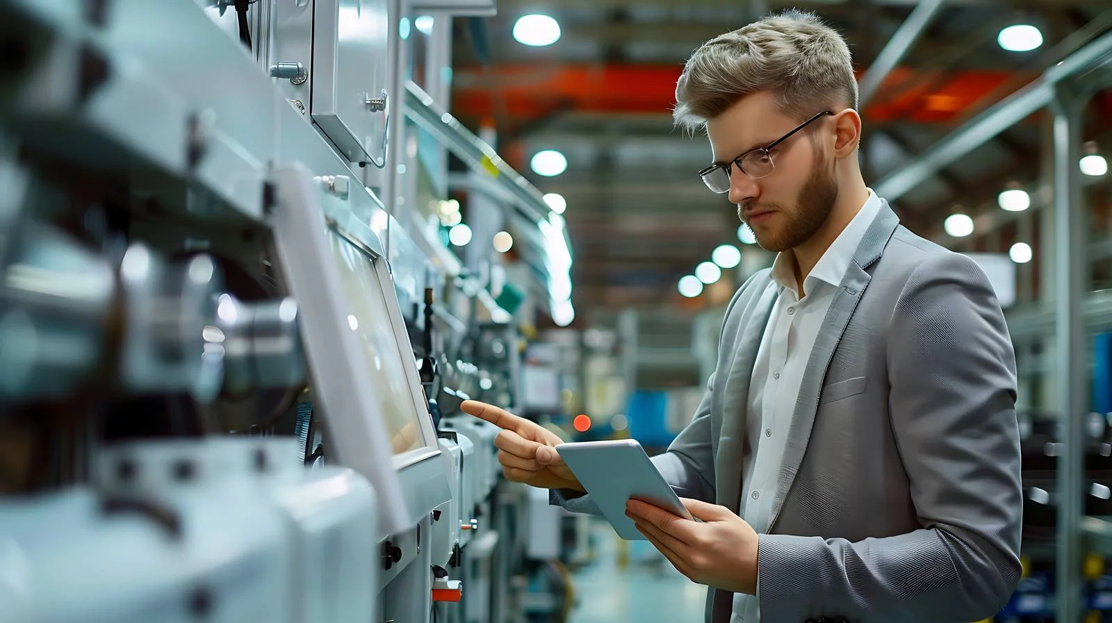 Manager inspecting digital data in industrial setting — free download from Dotvec