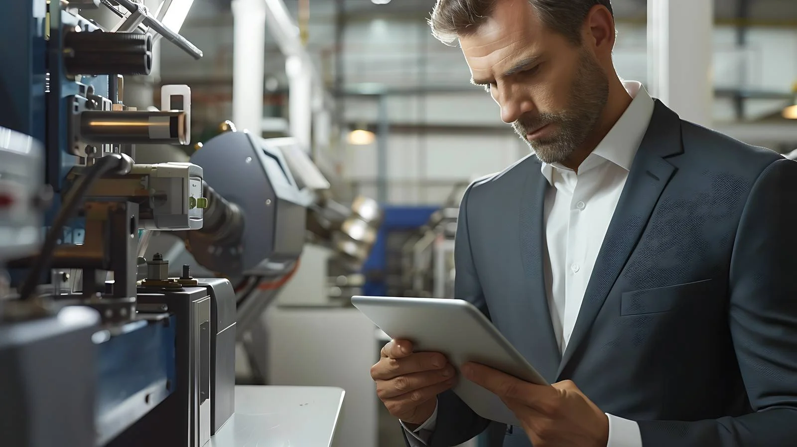 Businessman in Factory Using Tablet and Laptop — free download from Dotvec