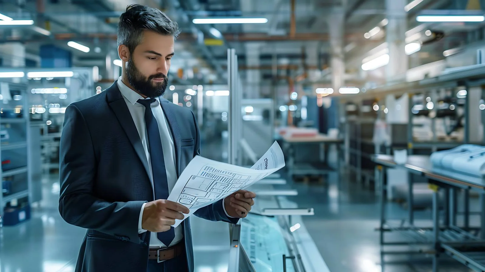 Businessman Analyzing Plan in Modern Factory — free download from Dotvec