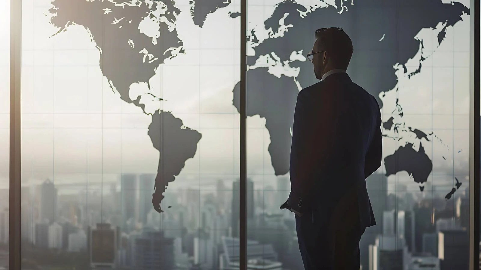 Businessman Contemplating World Map Through Windowpane — free download from Dotvec