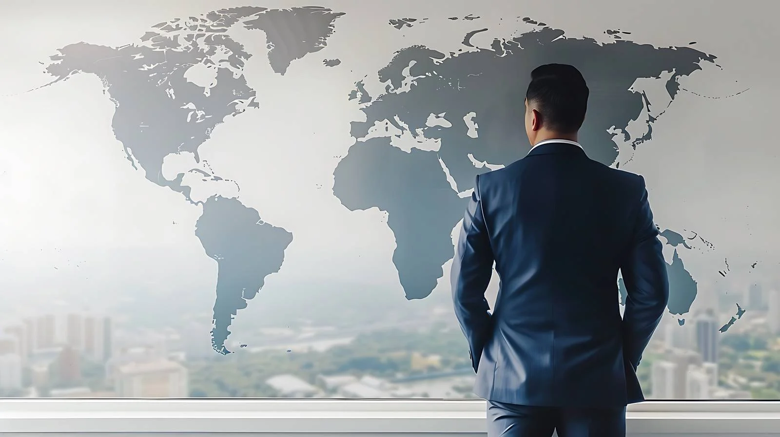 Businessman Contemplating World Map through Window — free download from Dotvec