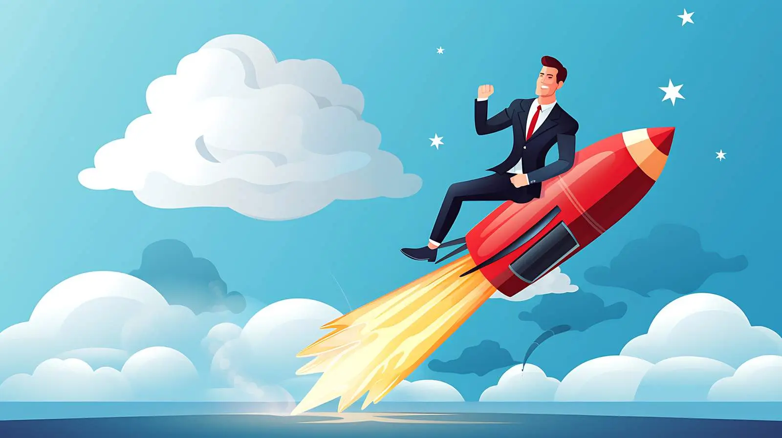 Triumphant Businessman on Rocket in Sky — free download from Dotvec