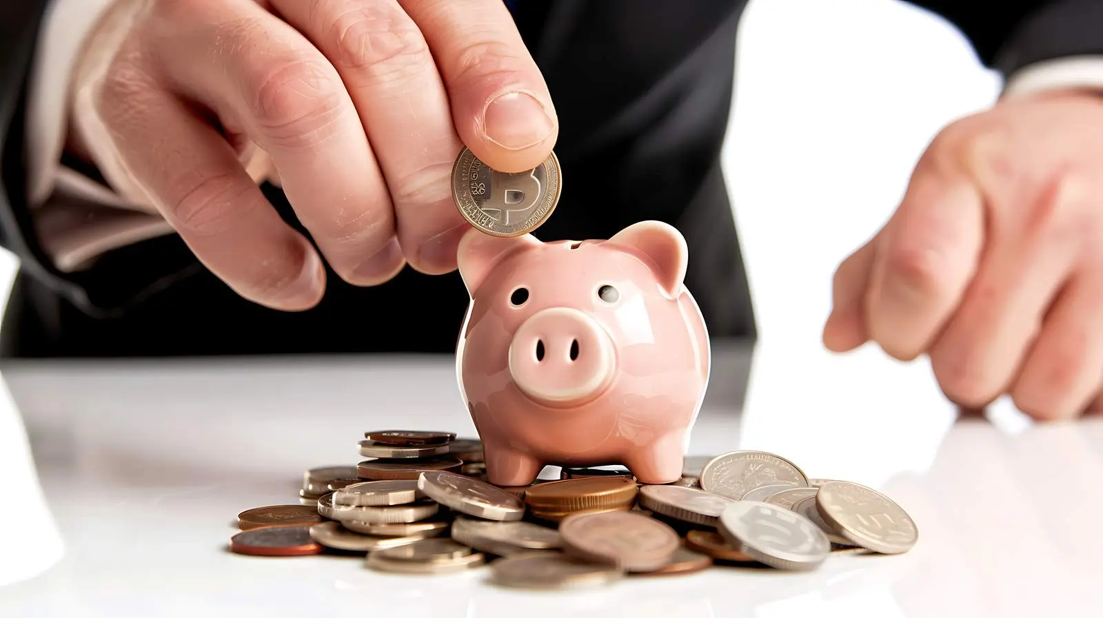 Businessman Inserting Coin into Piggy Bank – free building image from Dotvec
