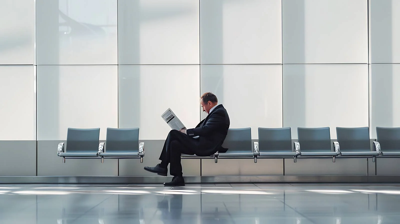 Businessman Reads Newspaper in Waiting Hall — free download from Dotvec