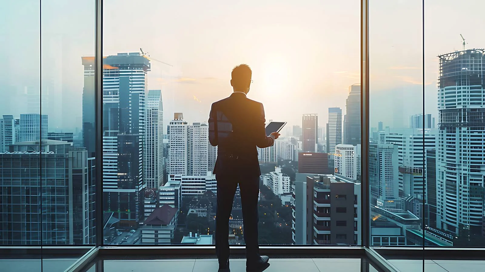 Corporate executive on urban rooftop with technology — free download from Dotvec