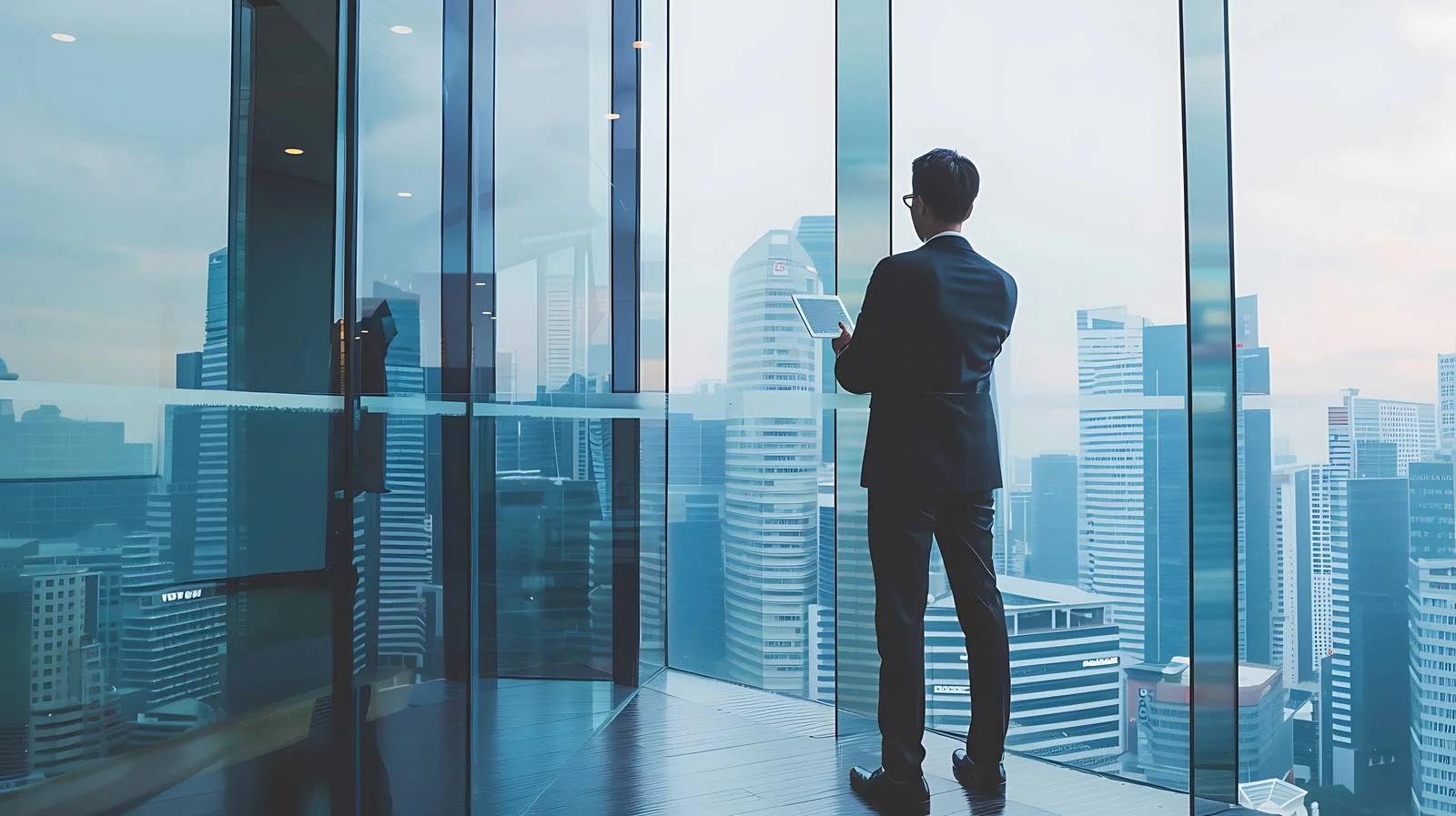 Businessman on Office Building Using Digital — free download from Dotvec