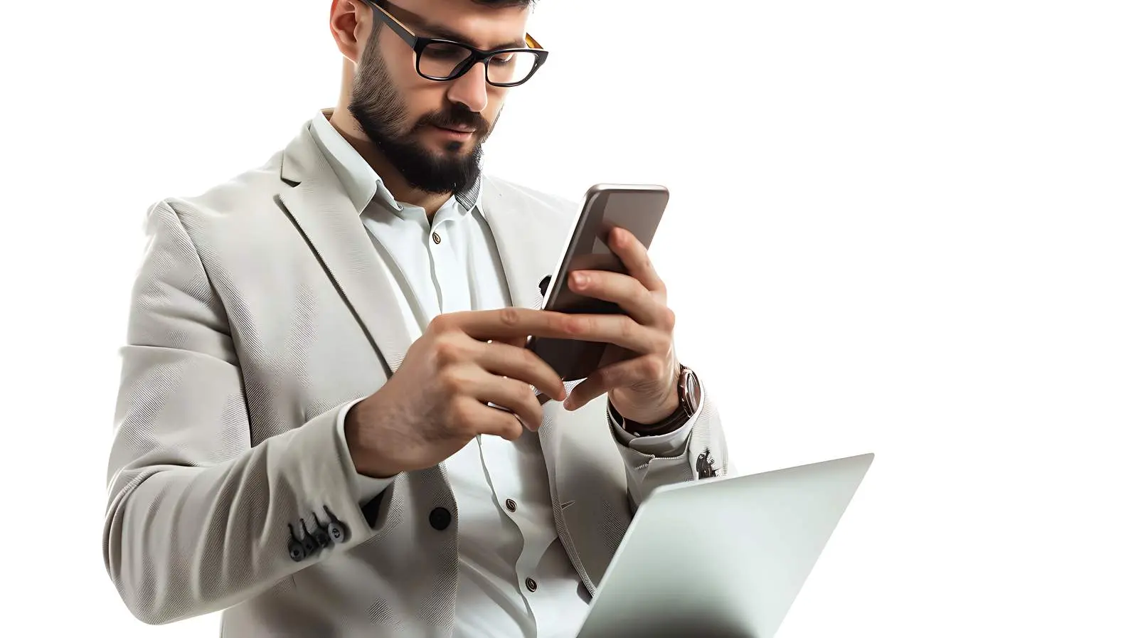 Businessman Using Laptop and Mobile Phone Together — free download from Dotvec