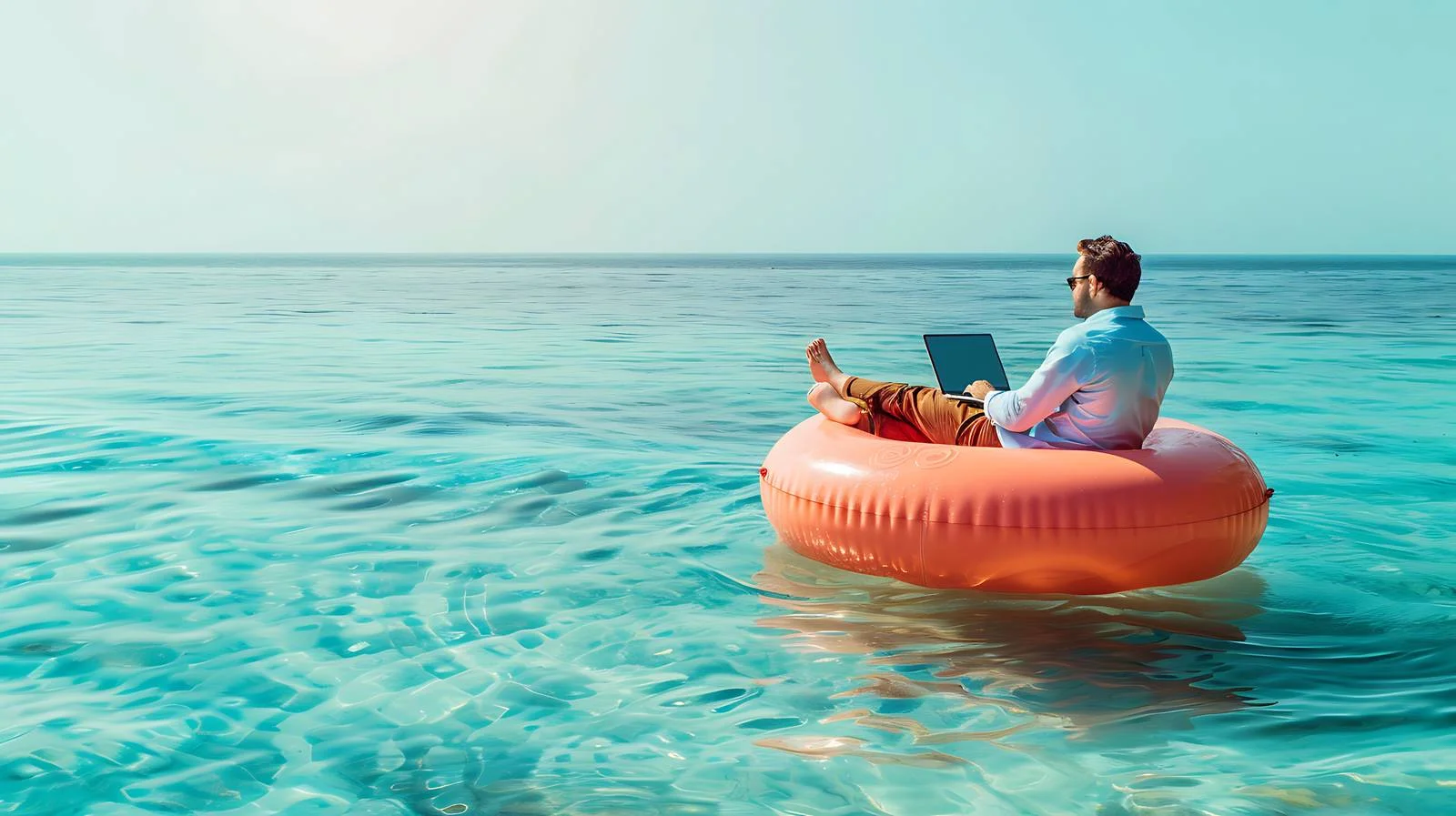 Businessman Using Laptop on Inflatable Desk — free download from Dotvec