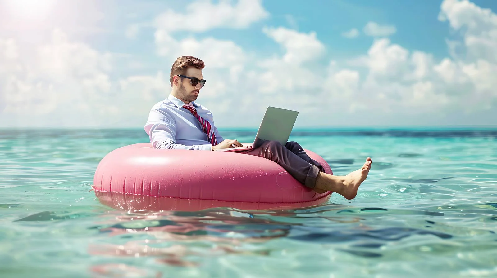 Businessman on Inflatable Using Laptop — free download from Dotvec