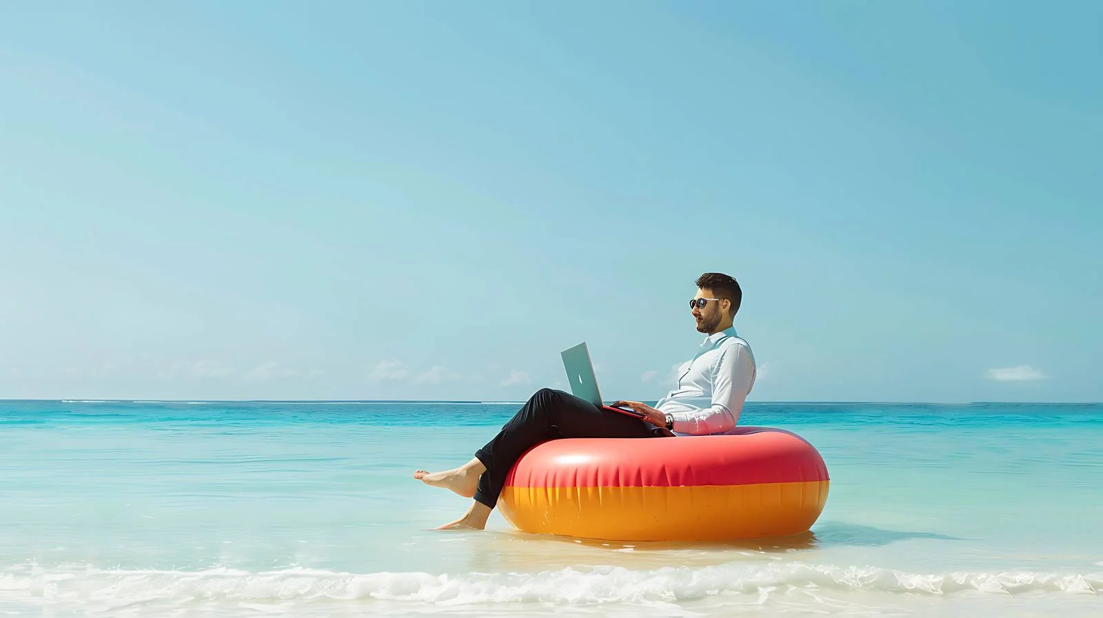 Businessman with Laptop on Inflatable Donut — free download from Dotvec