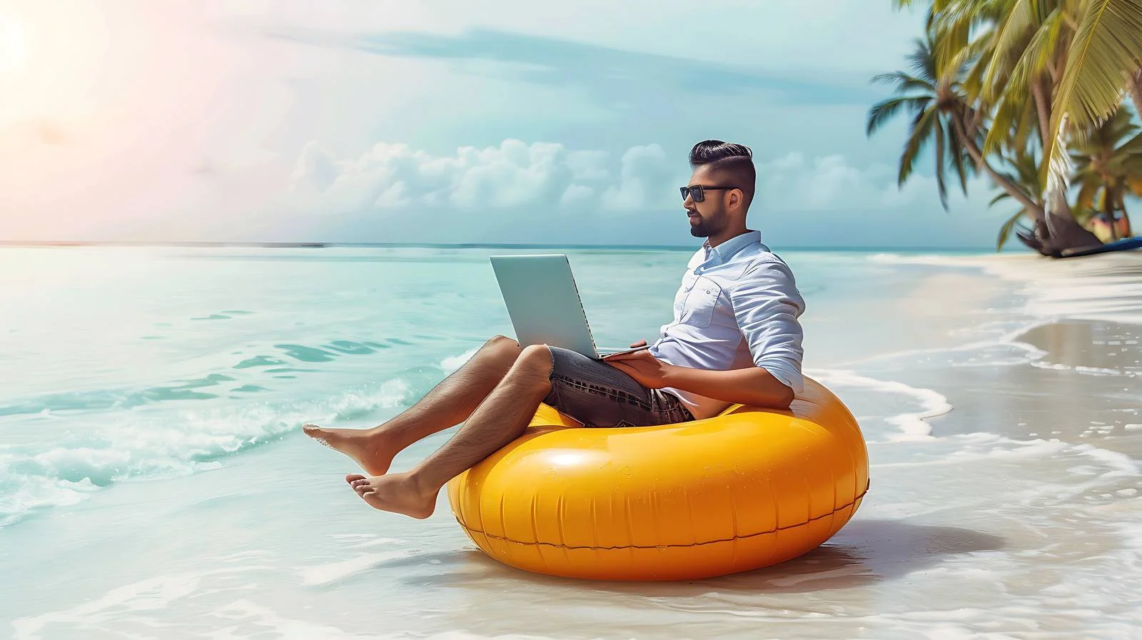 Corporate laptop usage on inflatable donut — free download from Dotvec