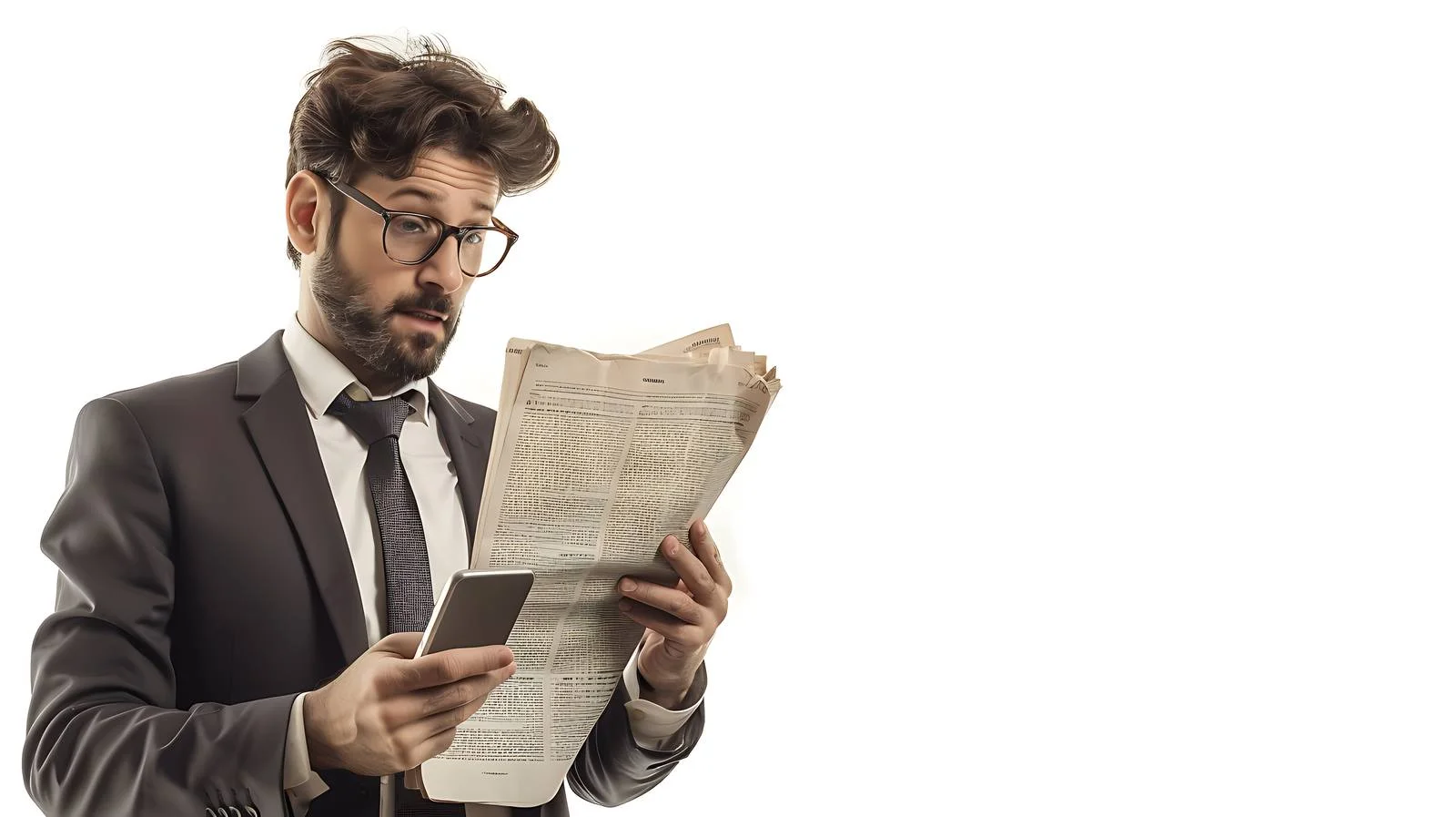 Businessman Multitasking with Smartphone and Newspaper — free download from Dotvec