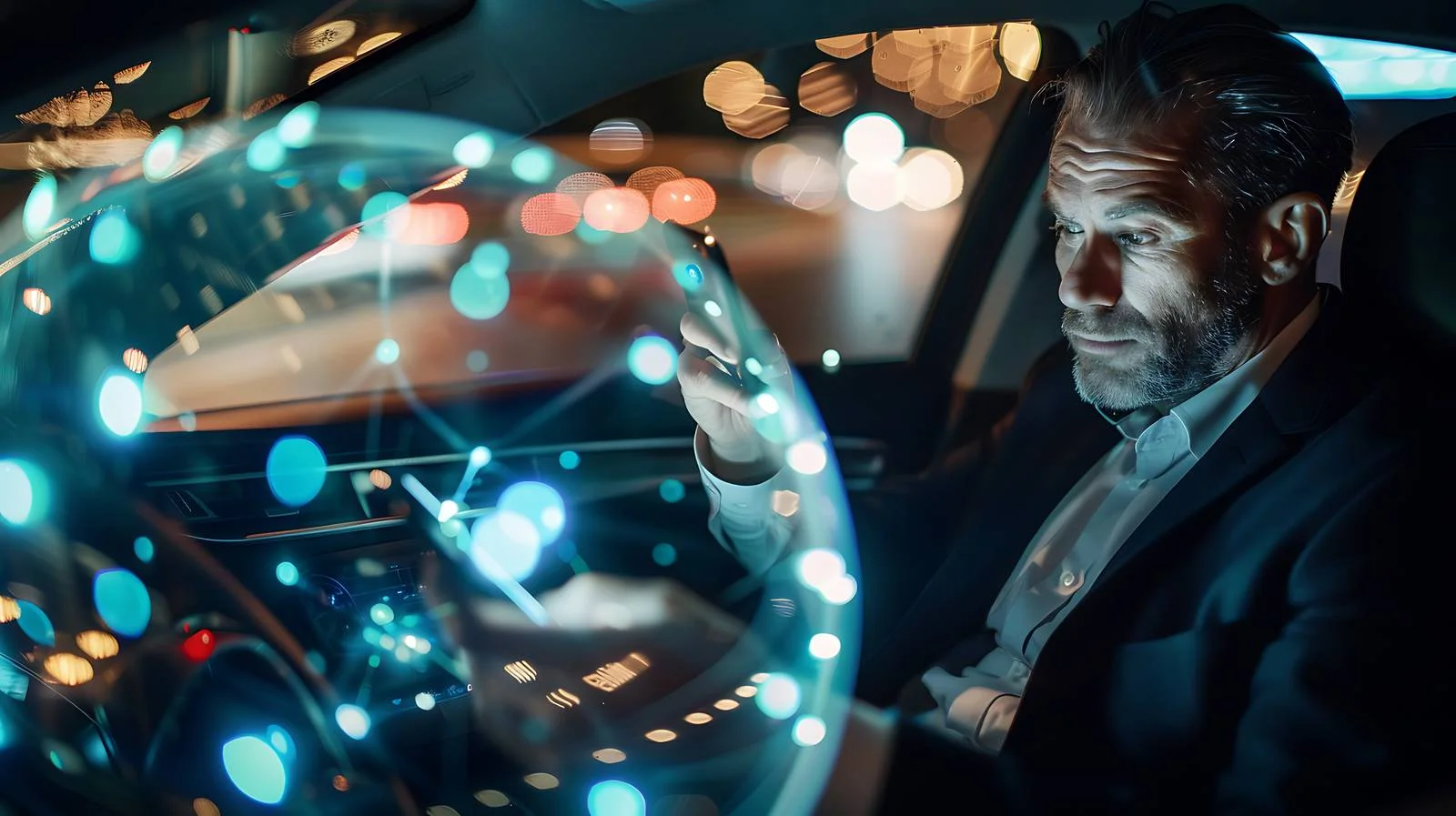 Businessman Using Smartphone in Car at Night — free download from Dotvec