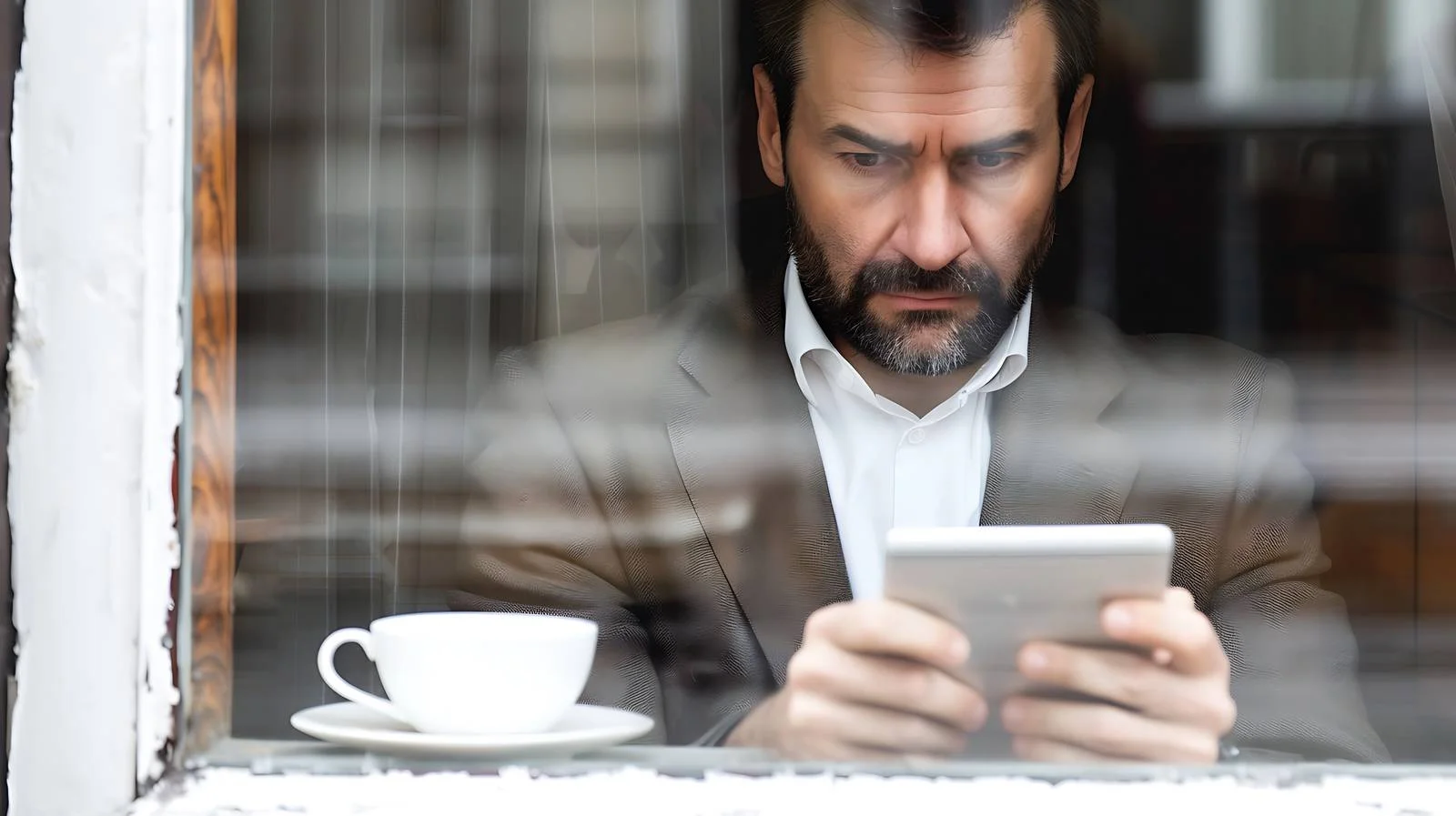 Businessman in Cafe Using Tablet Behind Window — free download from Dotvec