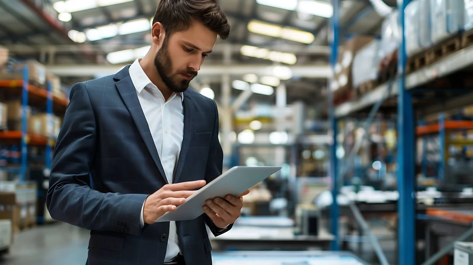Businessman Using Tablet in Factory — free download from Dotvec